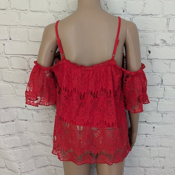 LOVE, FIRE Red Cold Shoulder Lace Ruffle Spaghetti Strap Short Sleeve Top M - Picture 3 of 6